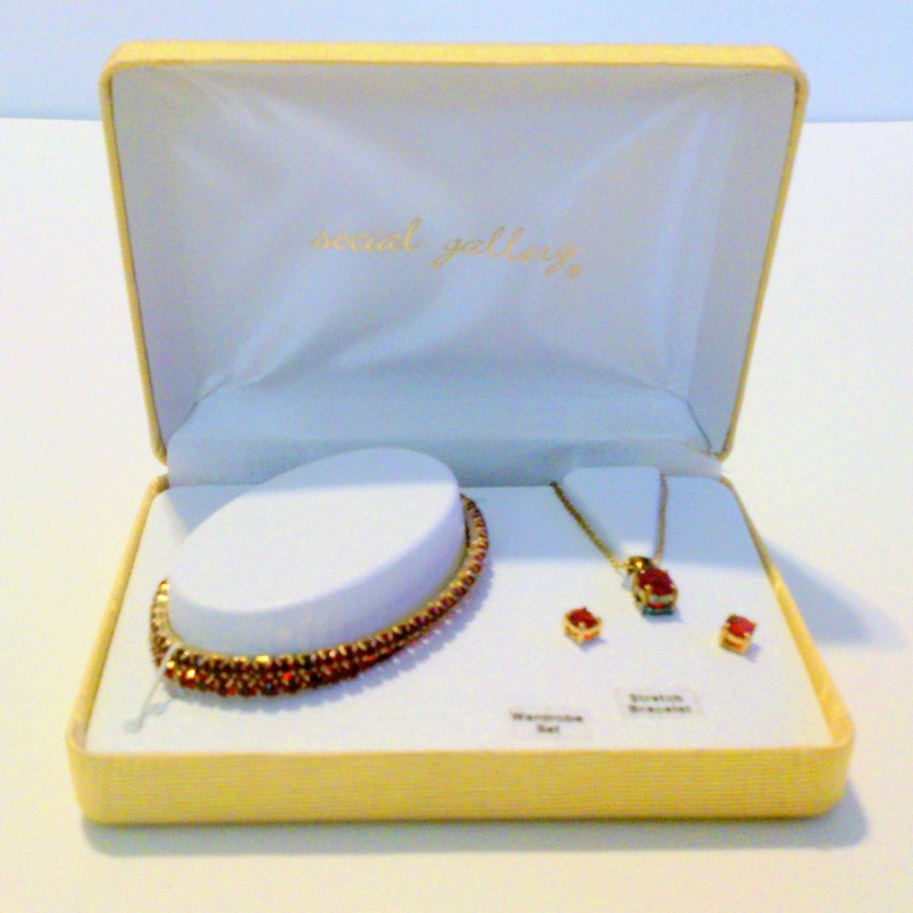 Red Rhinestone Gold Tone NIB Demi Parure Set Social Gallery